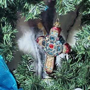 Painted Glittery Plastic Cross Christmas Ornament